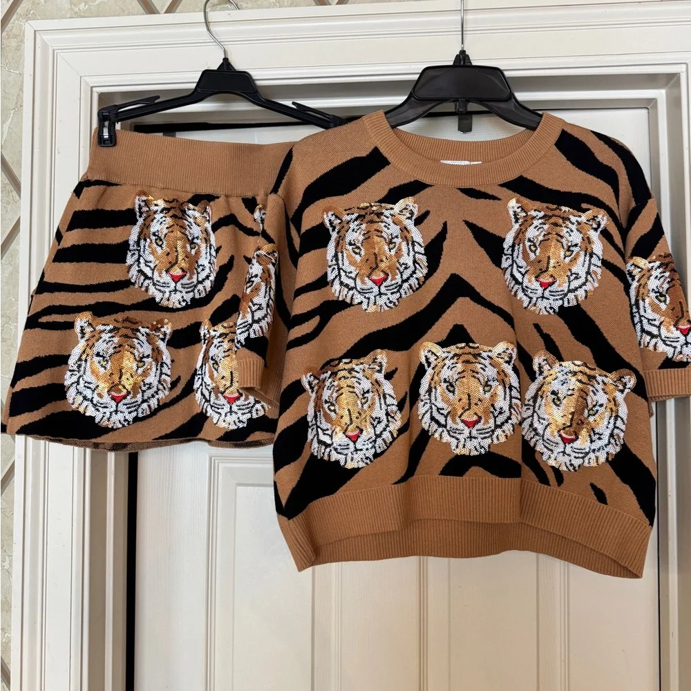 QUEEN OF SPARKLES Tan and Black Tiger Knit Skirt Set - Picture 1 of 7